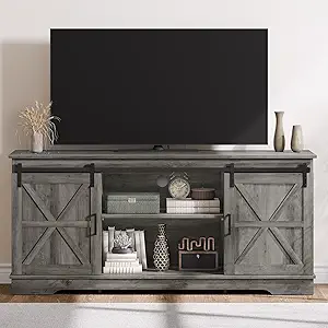 DWVO TV Stand for TVs up to 65 Inch, Farmhouse Entertainment Center with Storage Cabinets and Sliding Barn Doors, Rustic Media TV Console Table for Living Room, Grey
