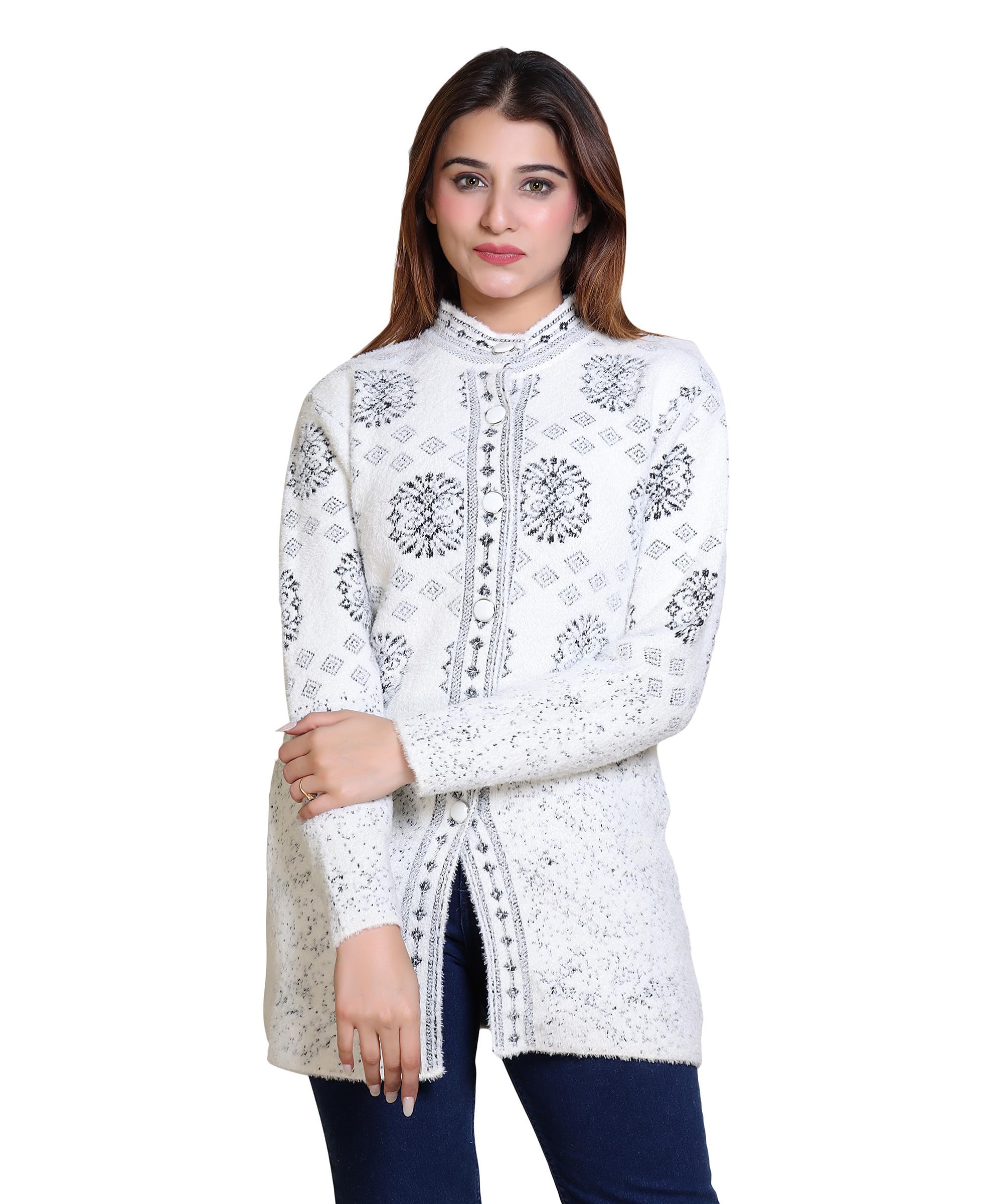 grand line Women's Woolen/Acyrlic Winter Wear Warm Full Sleeve Knitted Cardigan/Sweaters Hair Yarn Cardigan | Size Suitable for M and L | White-picture-23