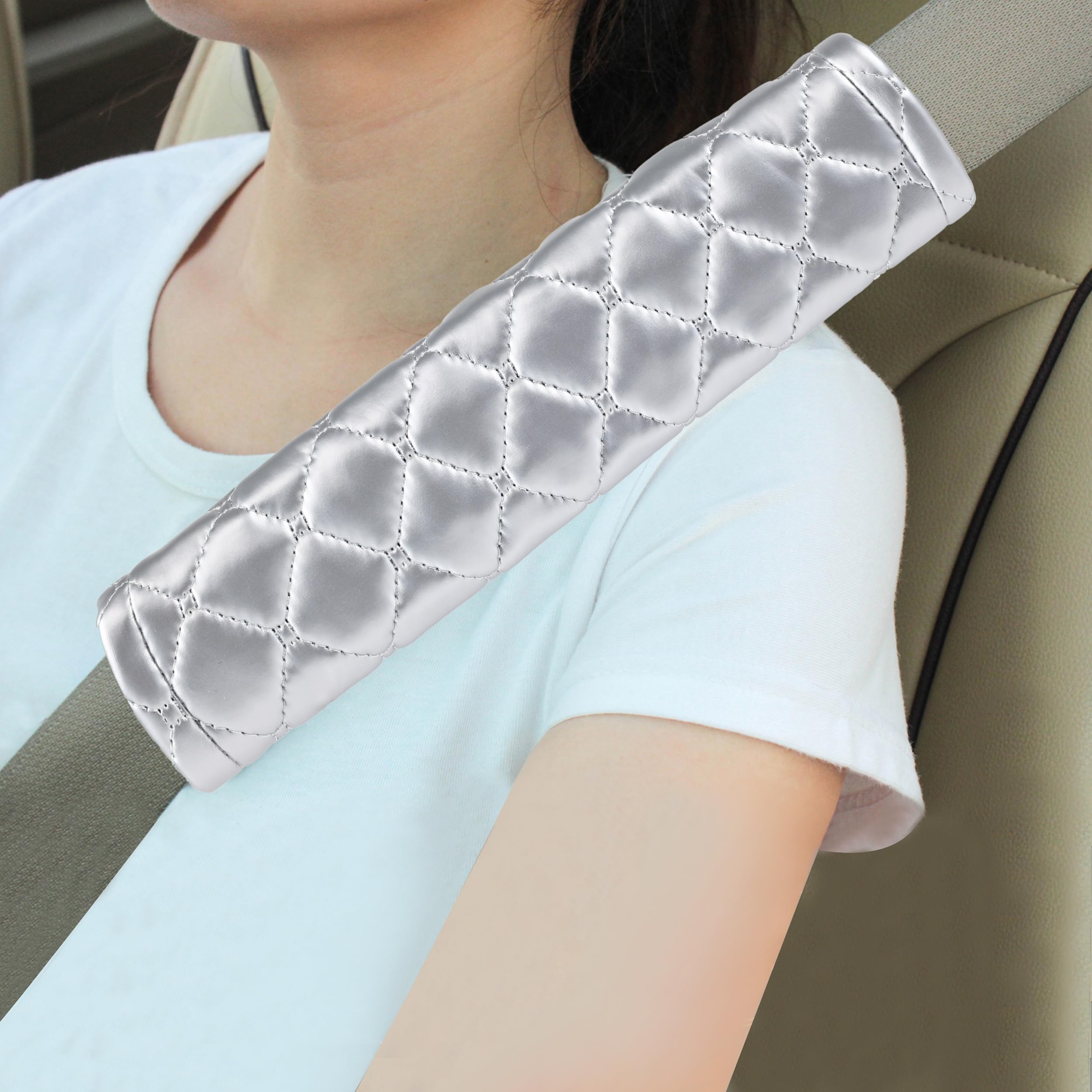 AmoocaCar Seat Belt Cover Soft Fiber Leather Cool Seatbelt Shoulder Pad Cushions 2PC for a More Comfortable Driving Universal Fit for Auto and Backpack Silver