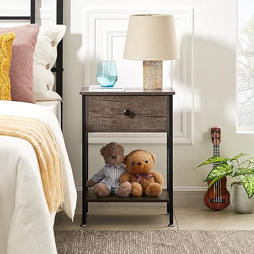 VECELO Nightstand Set of 2 with Drawer Modern Square End Side Table for Storage Open Shelf in Bedroom, Living Room, Small Space, Stable Metal Frame, 2 Pack, Brown