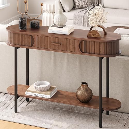 Miniatura 7 de ONBRILL Mesa consola acanalada de 47 pulgadas con cajones, mesa de entrada con almacenamiento, mesas de sofá ovaladas detrás del sofá, mesas de