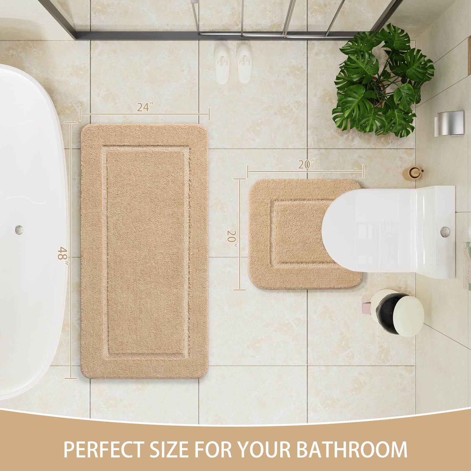 LOCHAS Badezimmerteppich-Set, Beige, weiches Badteppich-Set, 2-teilig, WC-Vorleger, U-förmig, 20 x 20 und 24 x 48 cm, Badteppiche, schnell trocknende Matten für Badezimmer, Badewanne, waschbar, super