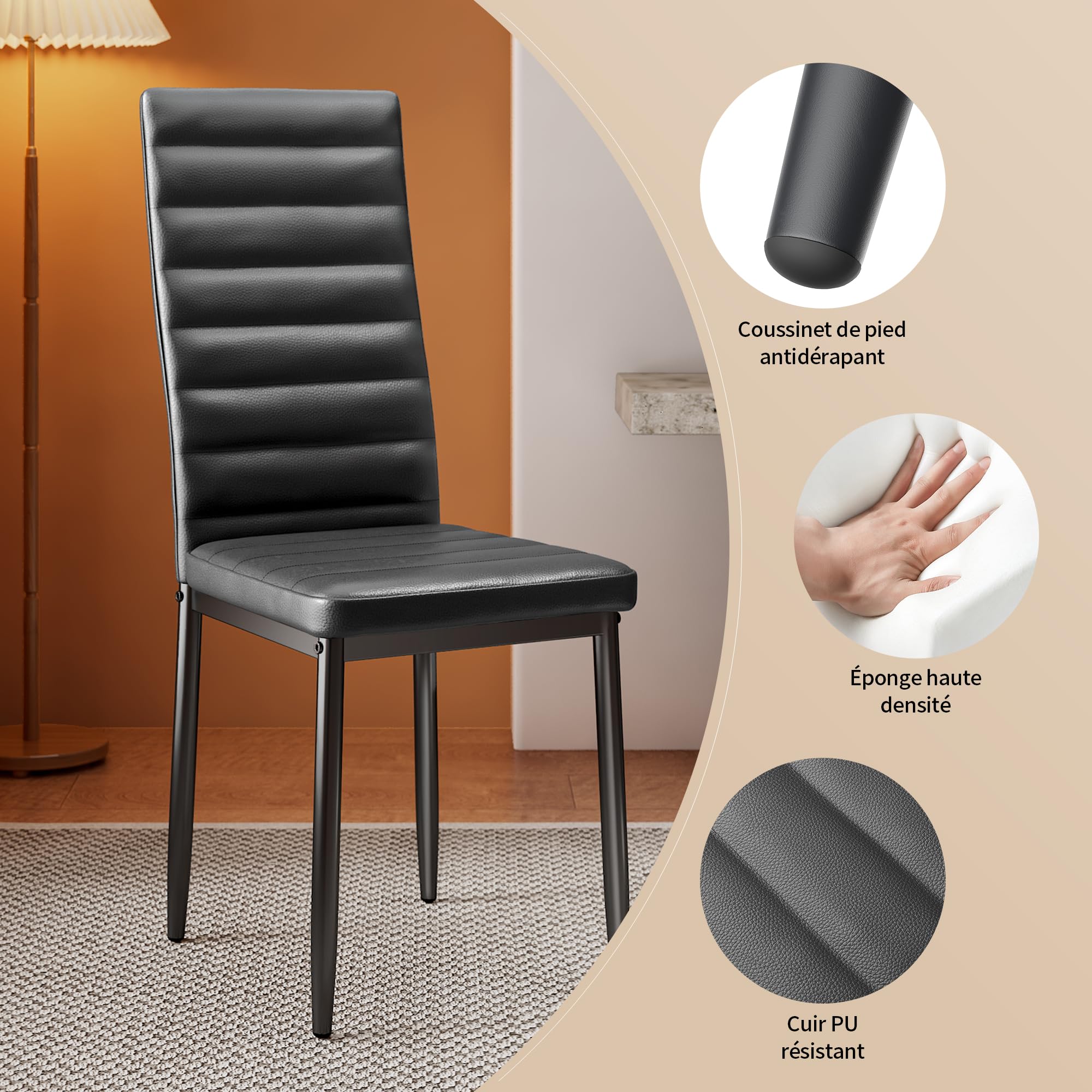 Bealife Sillas de Comedor Modernas (Juego de 4), Tapizadas en Piel Sintética PU, Respaldo Alto Ergonómico para Salón y Cocina, Negro