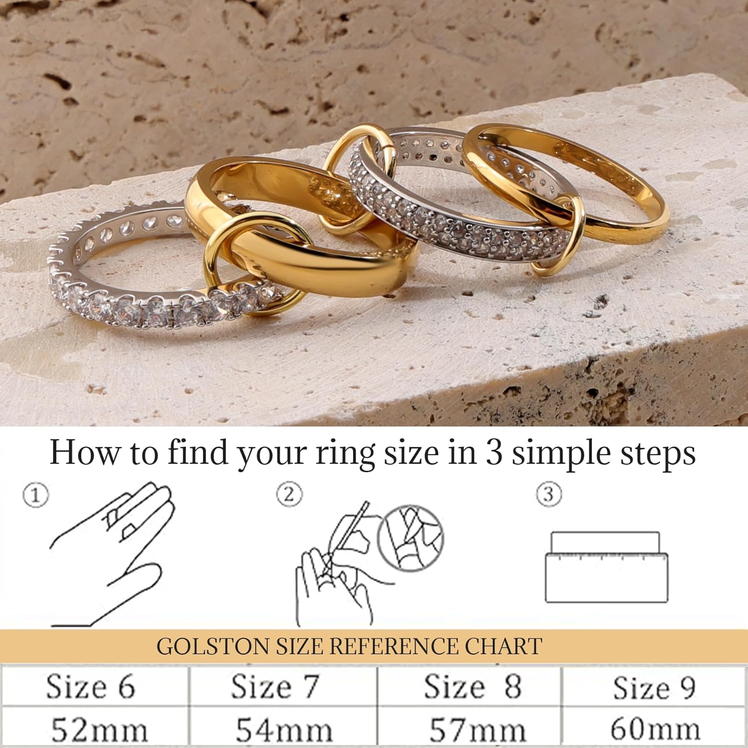18K Gold Plated Interlocked Stackable Rings for Women, Statement Mixed Metals Multi Ring Stack, CZ Cubic Zirconia Rings,Silver and Gold Stacking Rings, Size 6-9 - Image 6