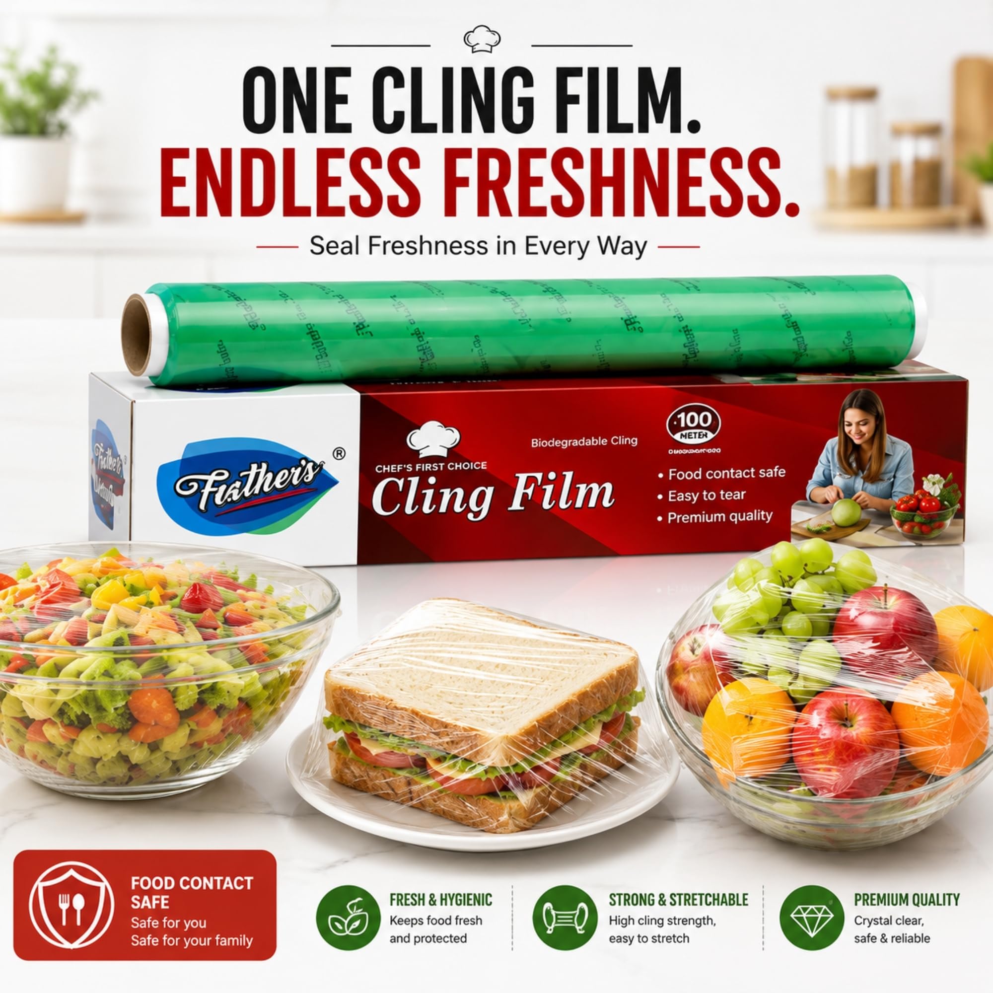 Feather’s Cling Film Wrap Food Biodegradable Multipurpose Food Wrapper Non-Stick Microwave Safe (Pack of 1, 100m) 1