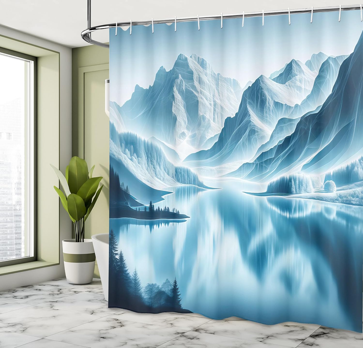 Ambesonne Lake Shower Curtain, Cold Mountain Peaks Hazy Reflection on ICY Water Nature Scenery Winter View, Cloth Fabric Bathroom Decor Set with Hooks, 69" W x 70" L, Pale Blue Petrol Blue
