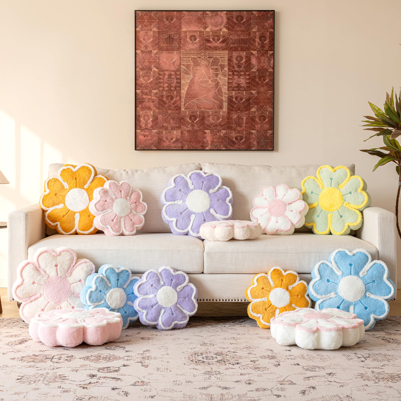 Almohada de flores, cojín decorativo en forma de flor para cama y sofá, lindas almohadas de felpa para decoración del hogar, almohada de suelo (azul, 17.7 pulgadas)