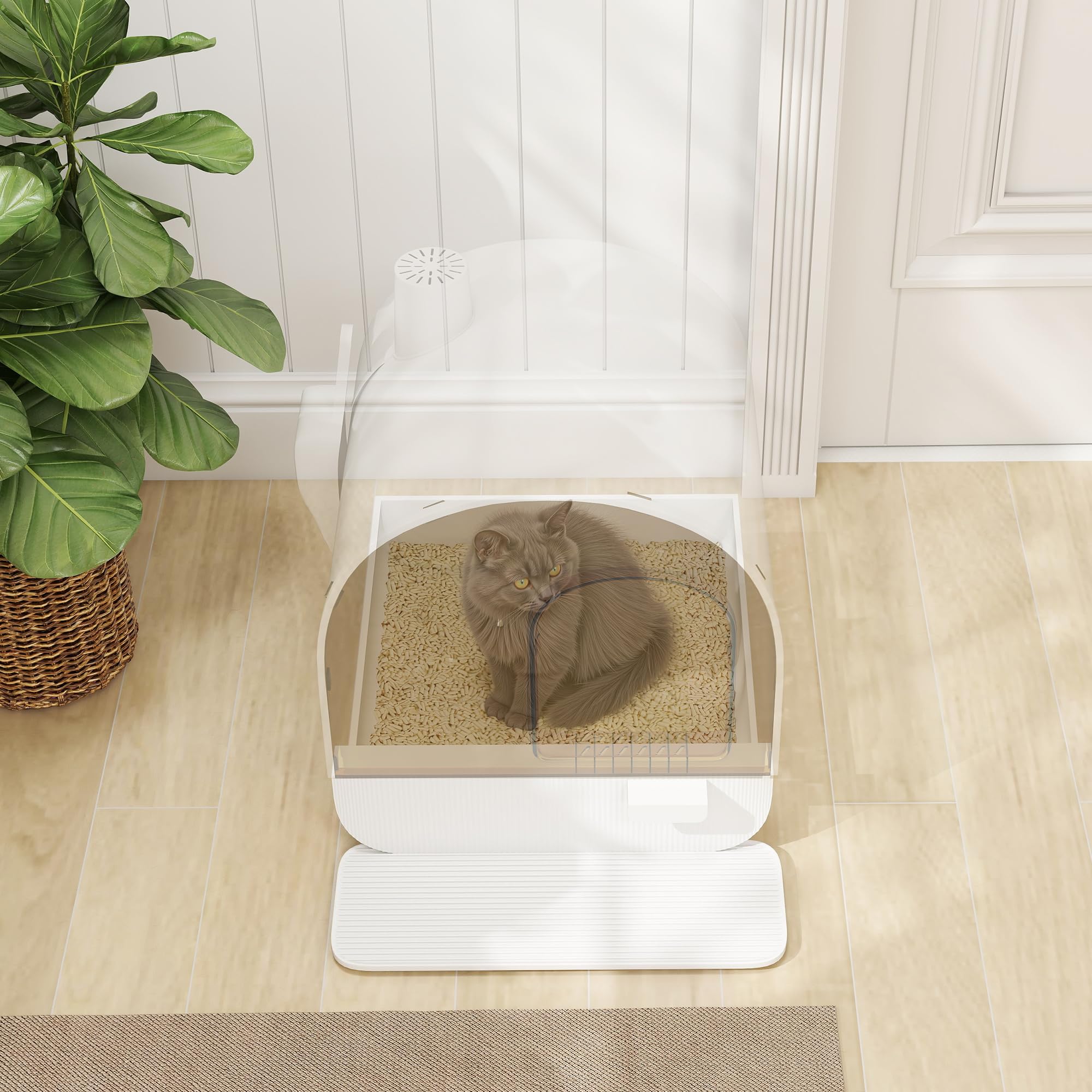 PawHut Arenero Cerrado para Gatos Bandeja Extraíble 43x44x47 cm Blanco | Caja de Arena para Gatos, Pala, Alfombrilla Antirrastreo, Filtro para Control de Olores, Puerta Abatible, Fácil de Limpiar