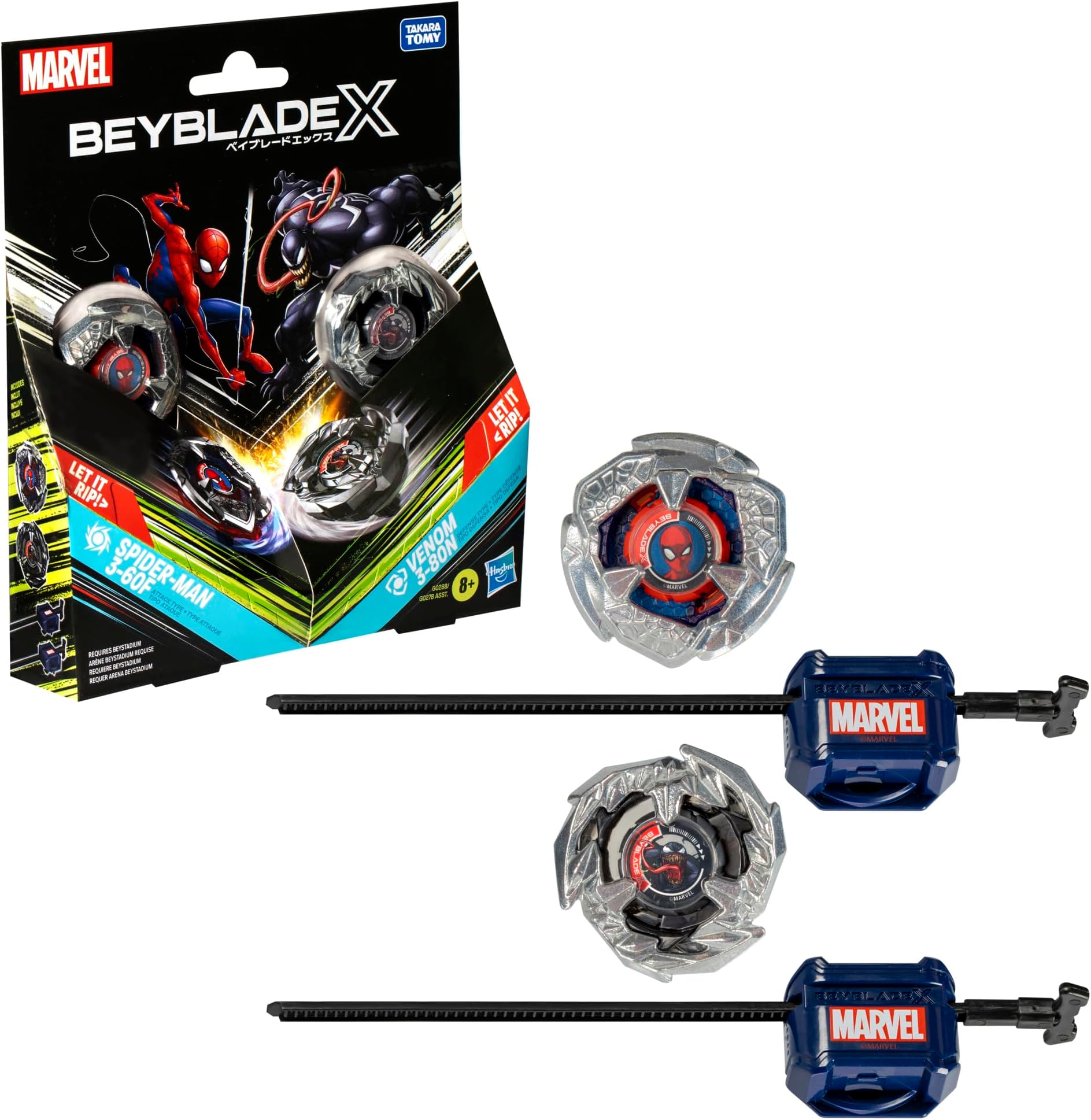 X Marvel Collab Spider-Man 3-60F vs. Venom 3-80N Multipack Set, Includes 2 Right-Spin Tops & Launchers, Spinning Toys for Kids 8+, Boys and Girls