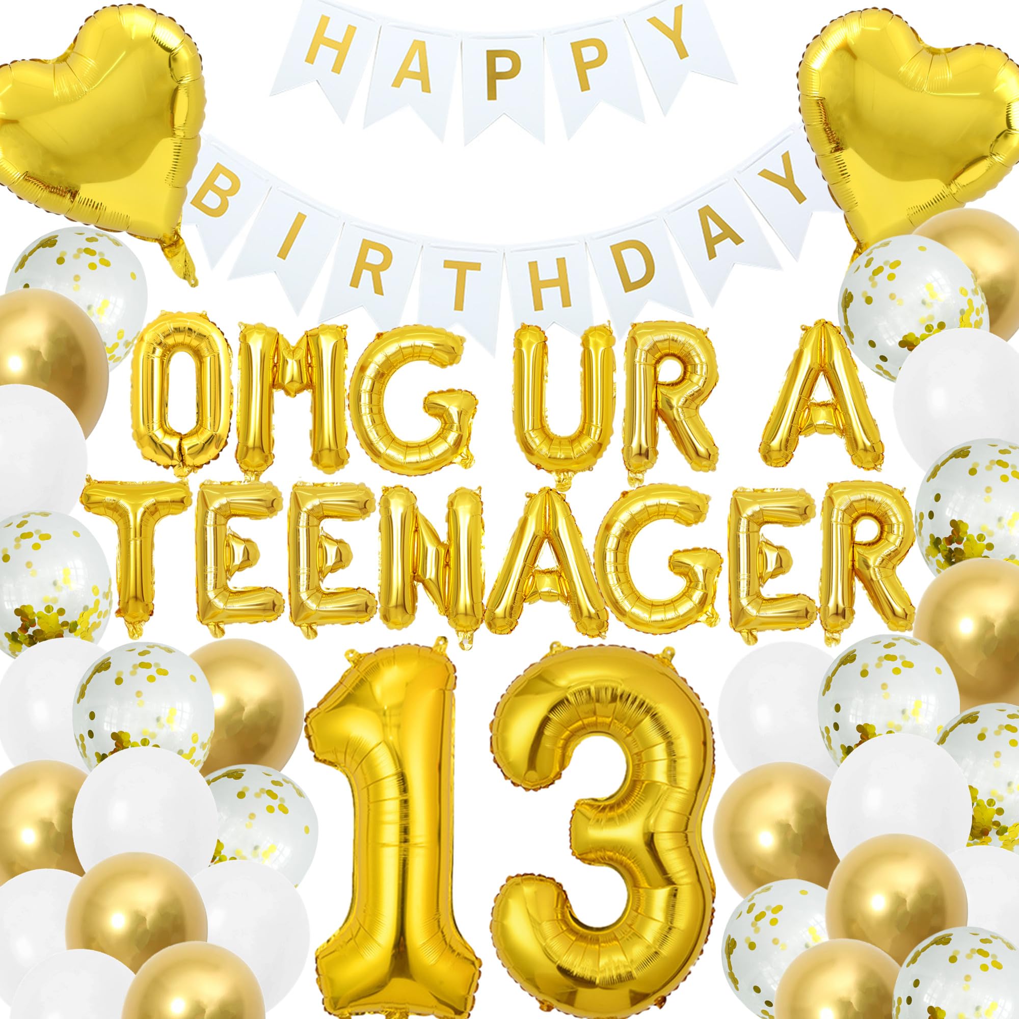 13th Birthday Decorations Thirteen Teenager 13th OMG UR A Teenager Balloons Gold Happy Birthday Banner for 13 Year Old Teen Boys Party Supplies (Gold)