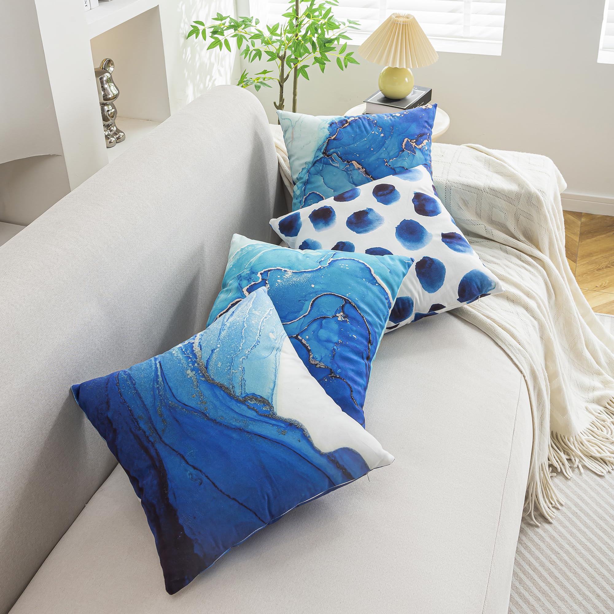 TOMMO Set of 4 Cushion Covers 45x45cm Navy Blue Marble Dots Sea Texture Abstract Fluid Gold Silver Pillow Covers Soft Velvet Home Decor Standard Square Cushion Covers 18x18 Inches - Image 2