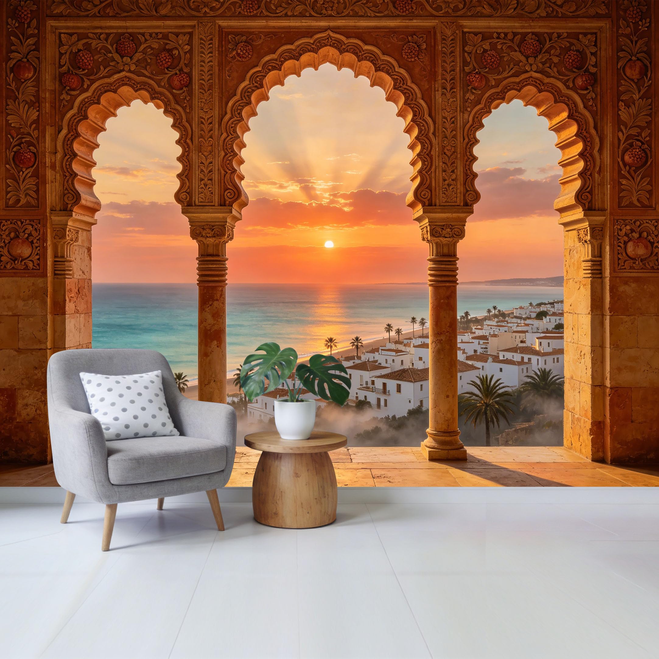 Removable Self Adhesive Fabric Mural， Mediterranean Coastal Sunset View Custom Size Wall Covering， UV Protected Waterproof Washable Wall Decor for Living Room Bedroom Bathroom