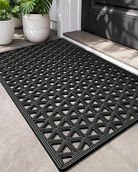 DEXI Door Mat Outside Entrance 17x30, Heavy Duty Rubber Doormats, Black | Non-Slip Low-Profile, Traps Dirt Outdoor Mat, All Weather Waterproof with Drainage Holes, Fits Entryway & Patio