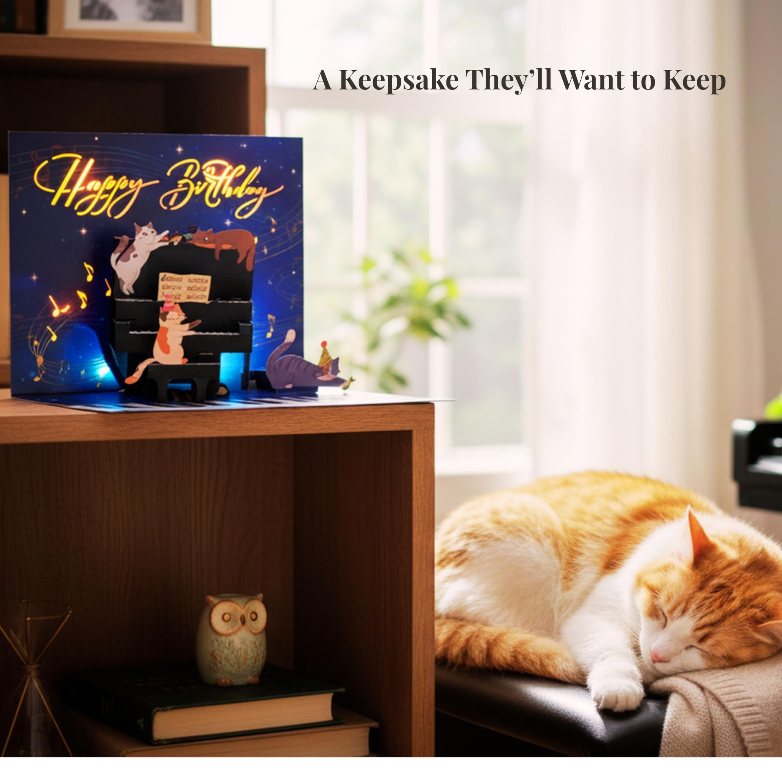 Biglietto di auguri pop up con luci a LED, con gatto 3D che suona il pianoforte, biglietto di auguri musicale con busta, regalo di compleanno per amanti dei gatti, musicisti, bambini, donne