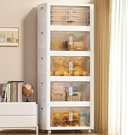 Storage Bins with Lid 76QT, Stackable Storage Containers with Wheels and Magnetic Doors, Plastic Clothes Closet Organizers and Storage Box for Pantry, Home and Office (5 Pack)