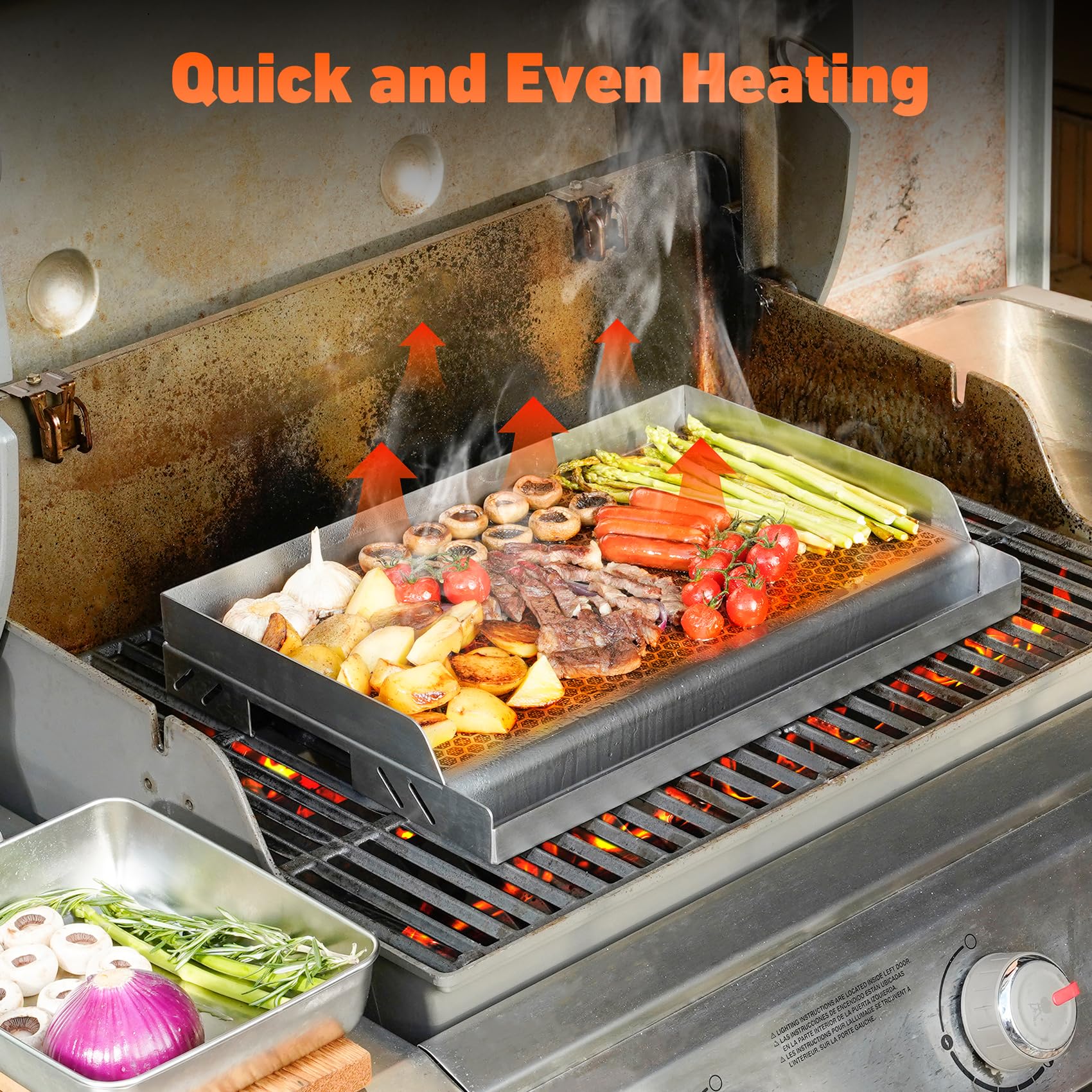 Onlyfire 45 x 32 cm Plancha Barbecue Hybride en Acier Inoxydable, Plaque de Cuisson avec Revêtement Céramique Nid d'Abeille, Antiadhésive et Robuste, pour Barbecue à Gaz, Charbon et Cuisinière