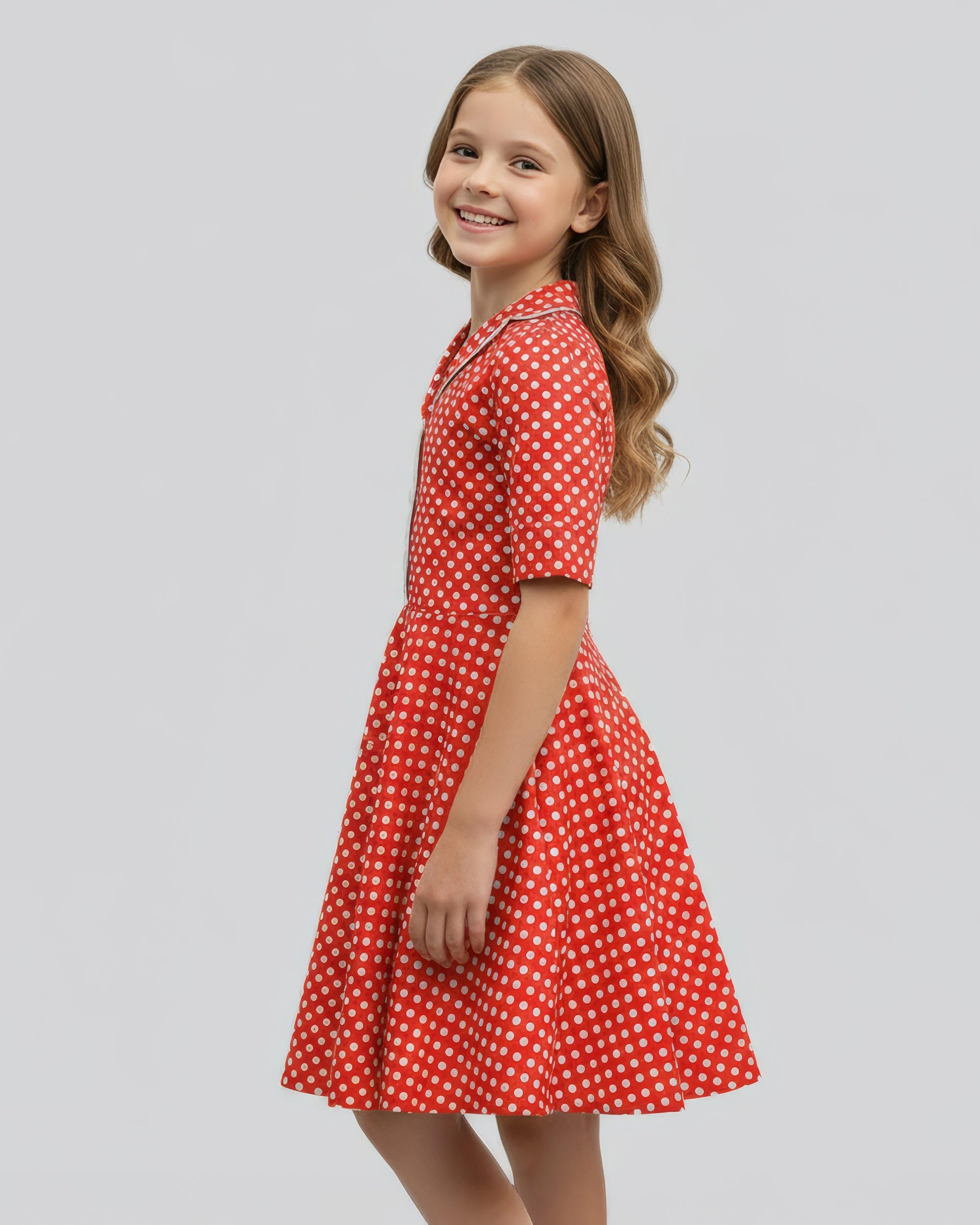 BlackButterfly Vestido Niña Sabrina Lunares | Falda Circular, Manga Corta con Vuelta, Cuello Camisero, Botonadura Funcional, Forro Interior, 3-14 Años