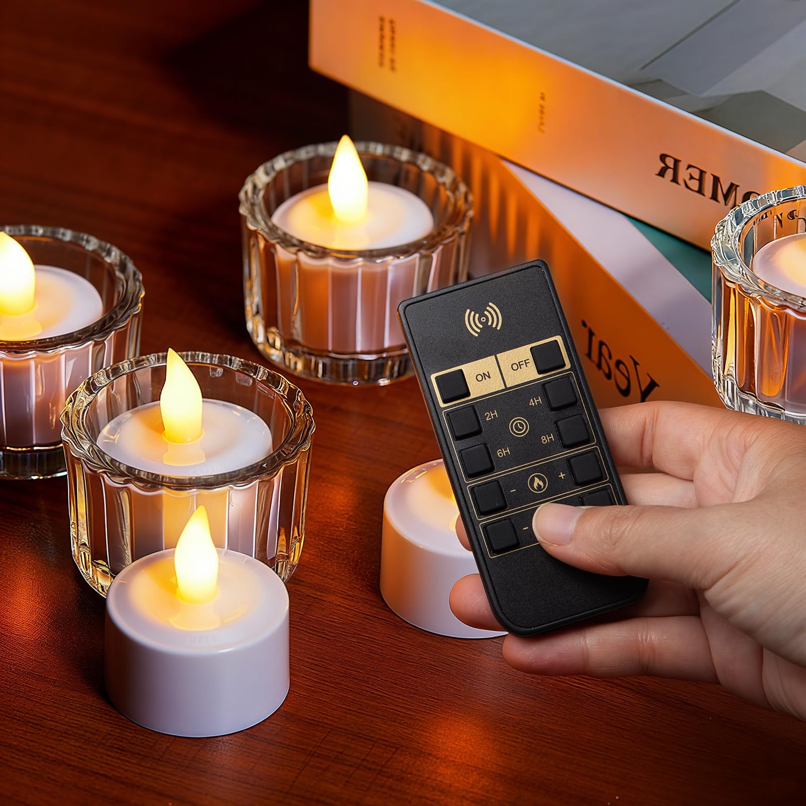 EXTSUD Akumulatorowe podgrzewacze LED, 6 szt., elektryczne świece LED z pilotem i timerem, ładowanie przez USB, bezpłomieniowy podgrzewacz z 5 poziomami jasności, na ślub, Halloween, Boże Narodzenie