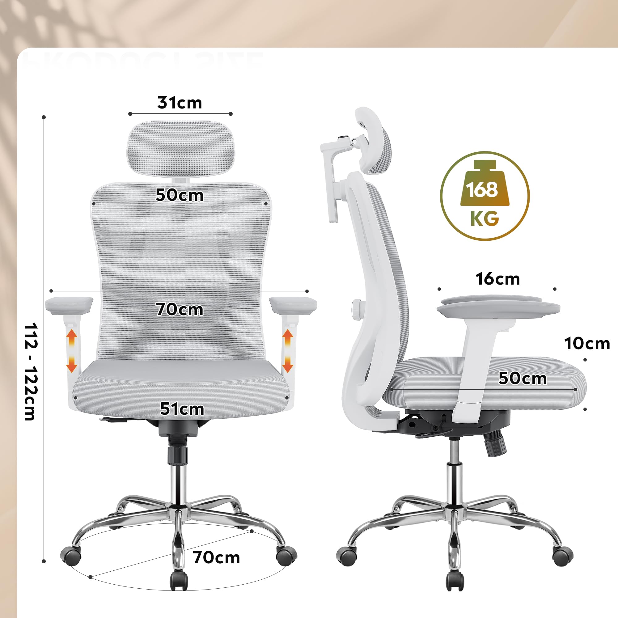 Chaise De Bureau Ergonomique Avec Soutien Lombaire Réglable, Accoudoirs