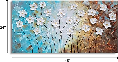 Miniatura 8 de YHSKY ARTS Lienzo de flores pintado a mano 3D turquesa, marrón, blanco, pintura moderna abstracta floral, arte estético para sala de estar,
