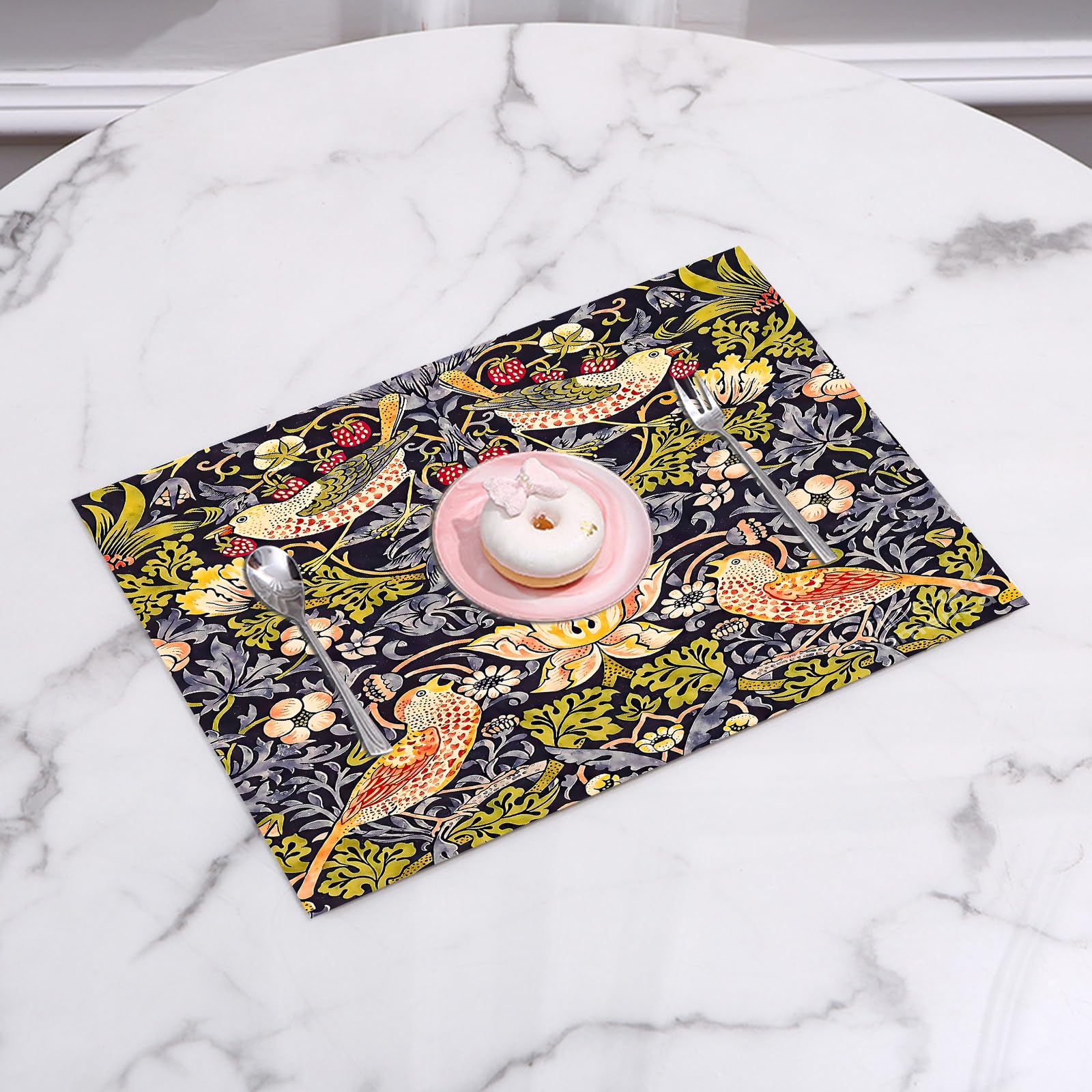 EYLOZS Placemats Set of 4,Easy to Clean Non-Slip Heat Resistant Dining Table Mats,Washable Woven Vinyl PVC Place mats,William Morris's famous Strawberry Thief pattern (1883).,12x18 in