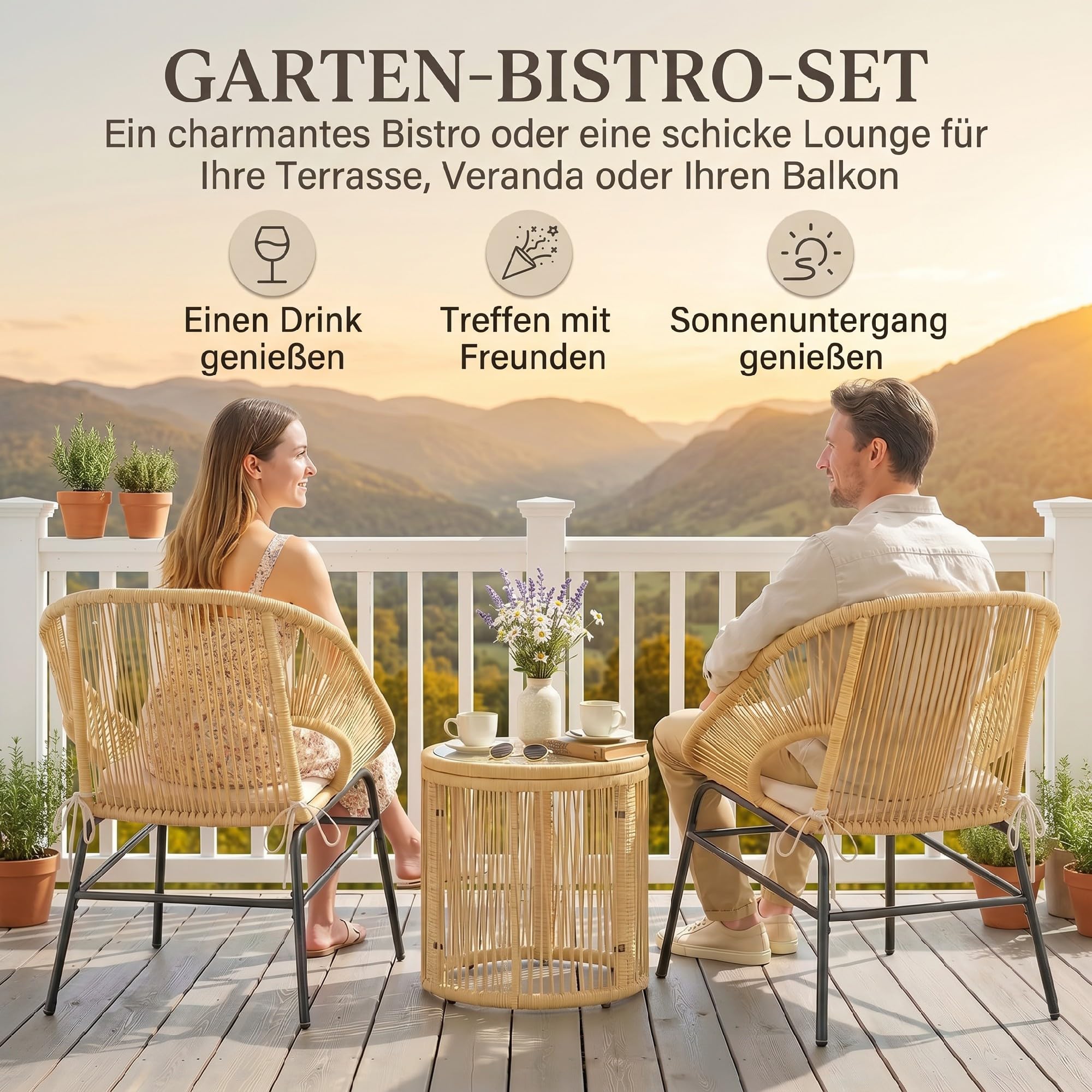 Outsunny Rattan Bistroset Ergonomische Sitzgruppe mit Glastisch Beige