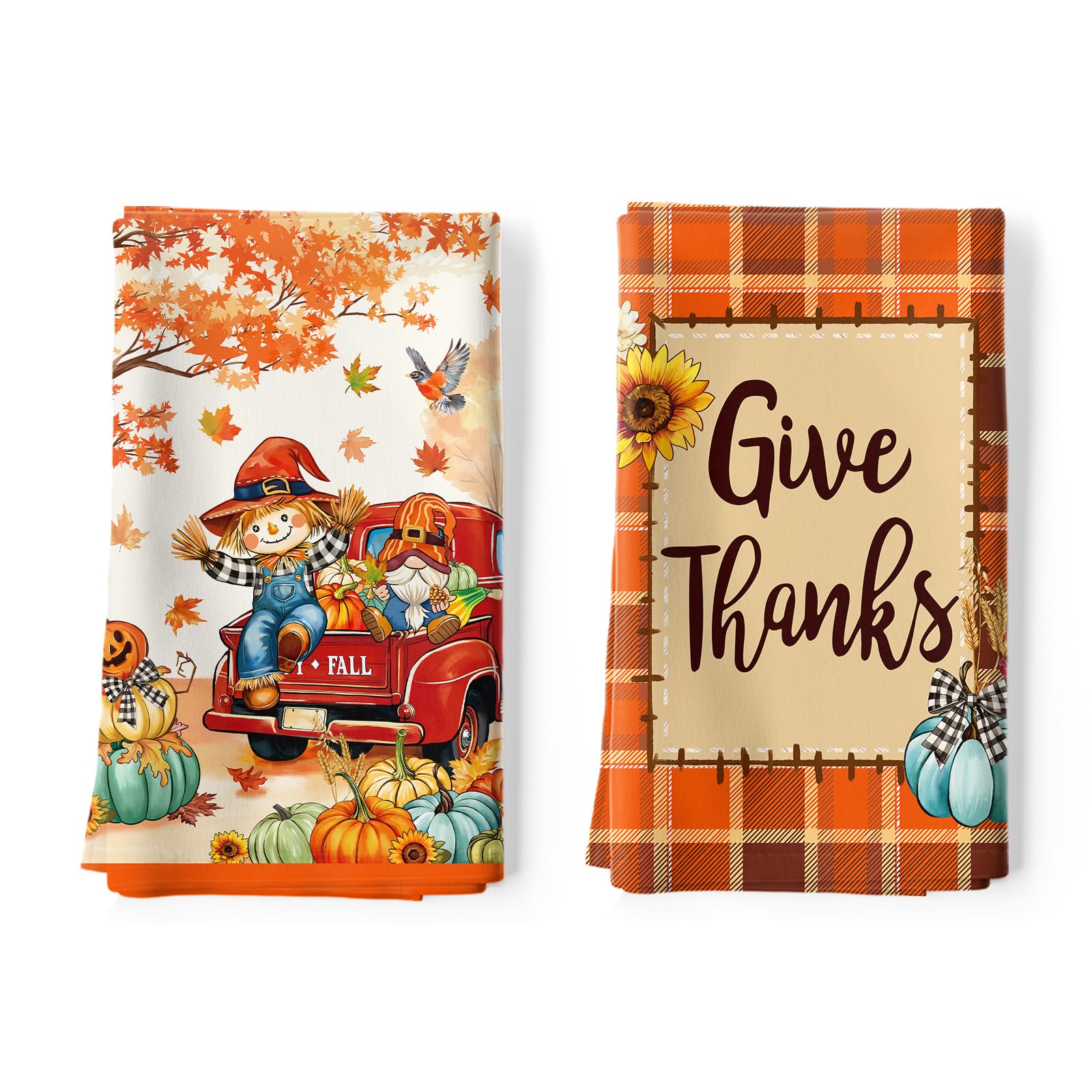 Arquiel Autumn Thanksgiving Pumpkin Tea Towels, 100% Cotton, Set of 2