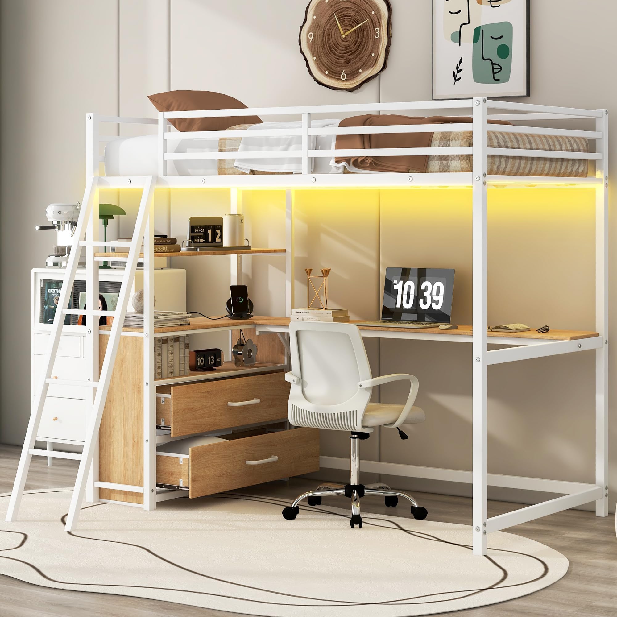 Twin Size Loft Bed with Desk and Storage Drawers, Metal Loft Bed Frame with Light and Charging Station, Gaming Loft Beds with USB Ports and Outlets for Kids Boys Girls Teens, White