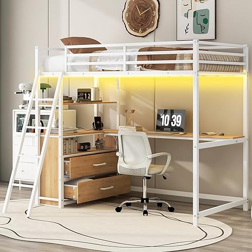 Twin Size Loft Bed with Desk and Storage Drawers, Metal Loft Bed Frame with Light and Charging Station, Gaming Loft Beds with USB Ports and Outlets for Kids Boys Girls Teens, White