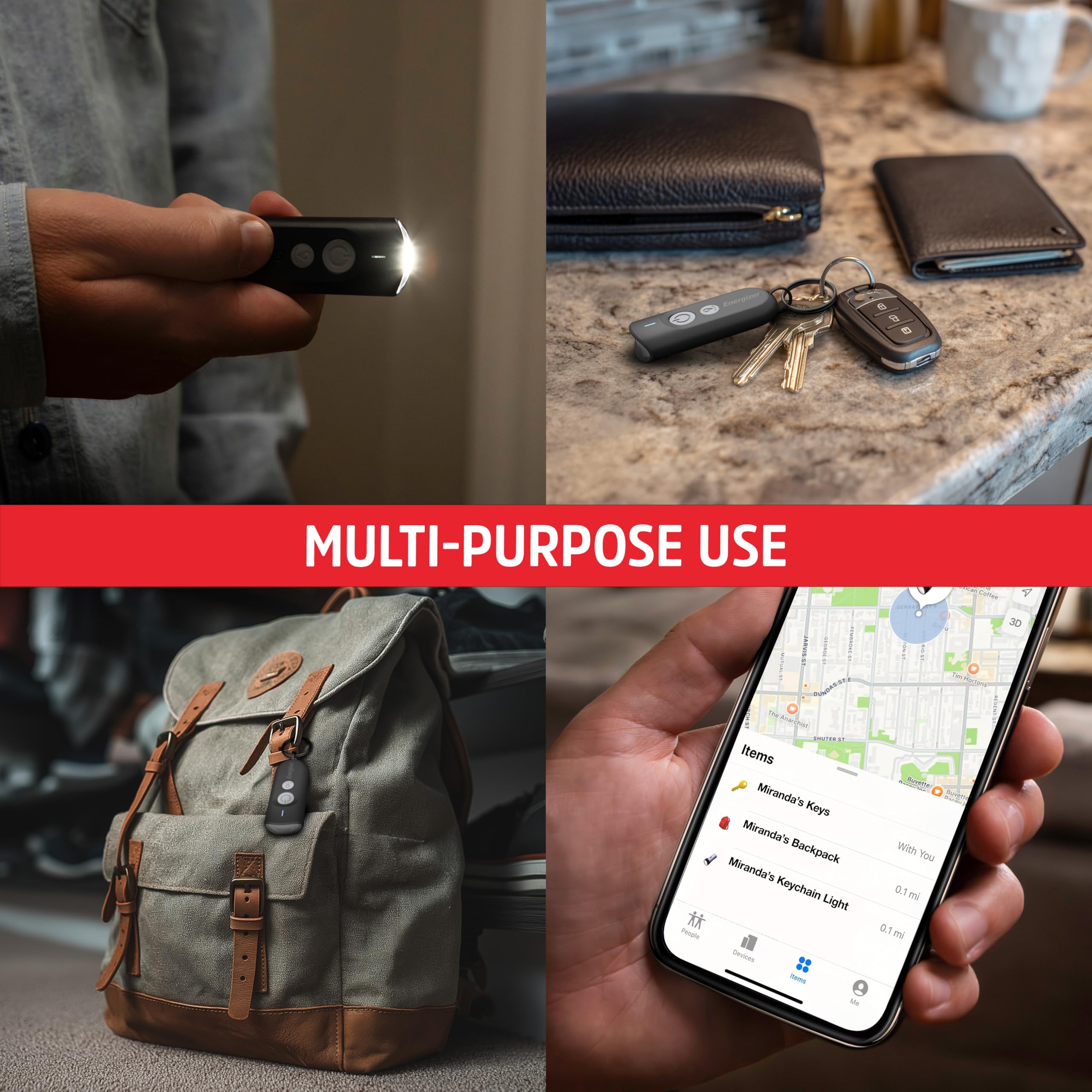 Energizer Localisateur de clés Find My Key Finder avec lumière, Bluetooth - Compatible avec Apple Find My, localisateur d'articles pour clés, Sac et Sac à Dos