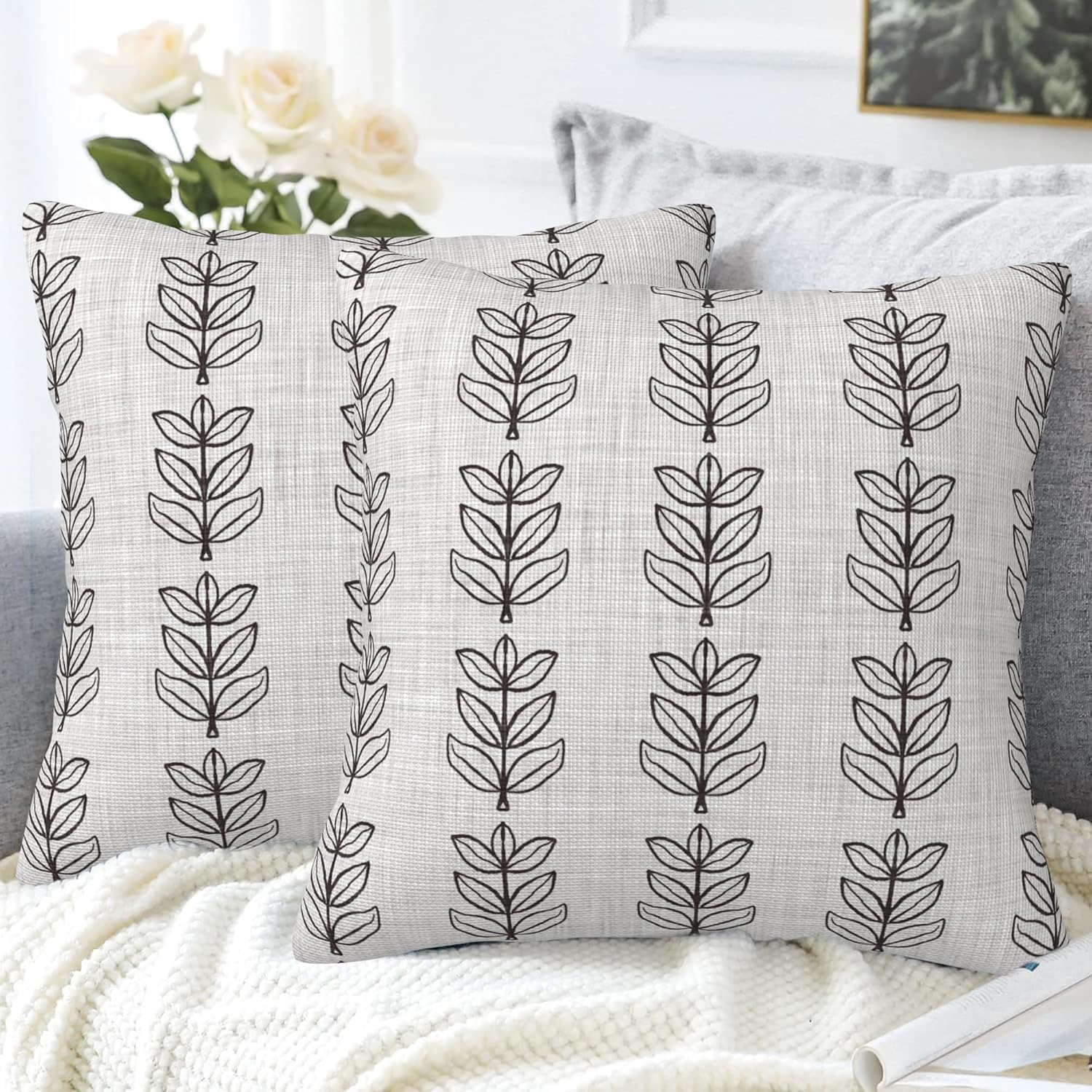 Throw Pillow Covers French Grey Botanical Pillow Covers 18x18 Inch Set of 2 Throw Pillows Decorative Pillow Cases Cushion Covers for Bedroom Livingroom Sofa Farm House - Image 4