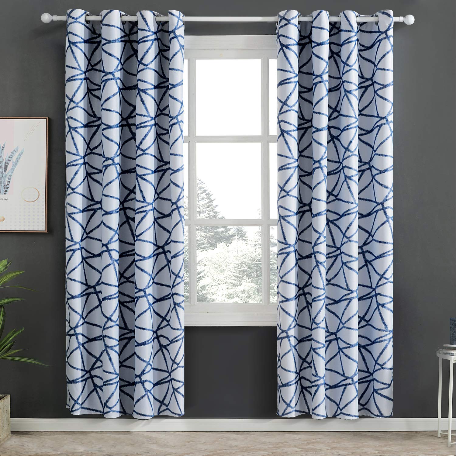 Top Finel Printed Room Darkening Curtains 84 Inches Long - Thermal Noise Cancelling Grommet Window Treatments Set Draperies for Living Room, 2 Panels, Navy Blue and White