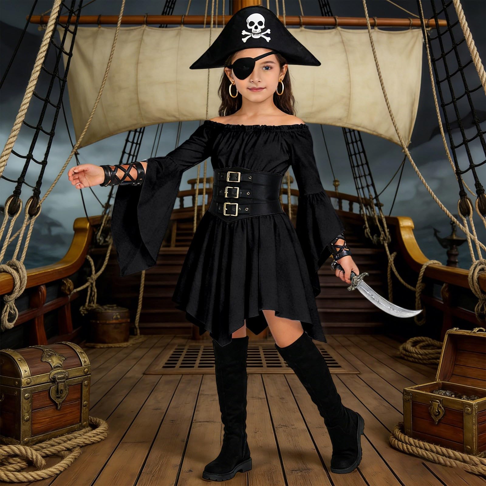 Générique Girls Gothic Pirate Dress Flare Sleeve Ruffle Off Shoulder Medieval Victorian Corset Top Cosplay - 5