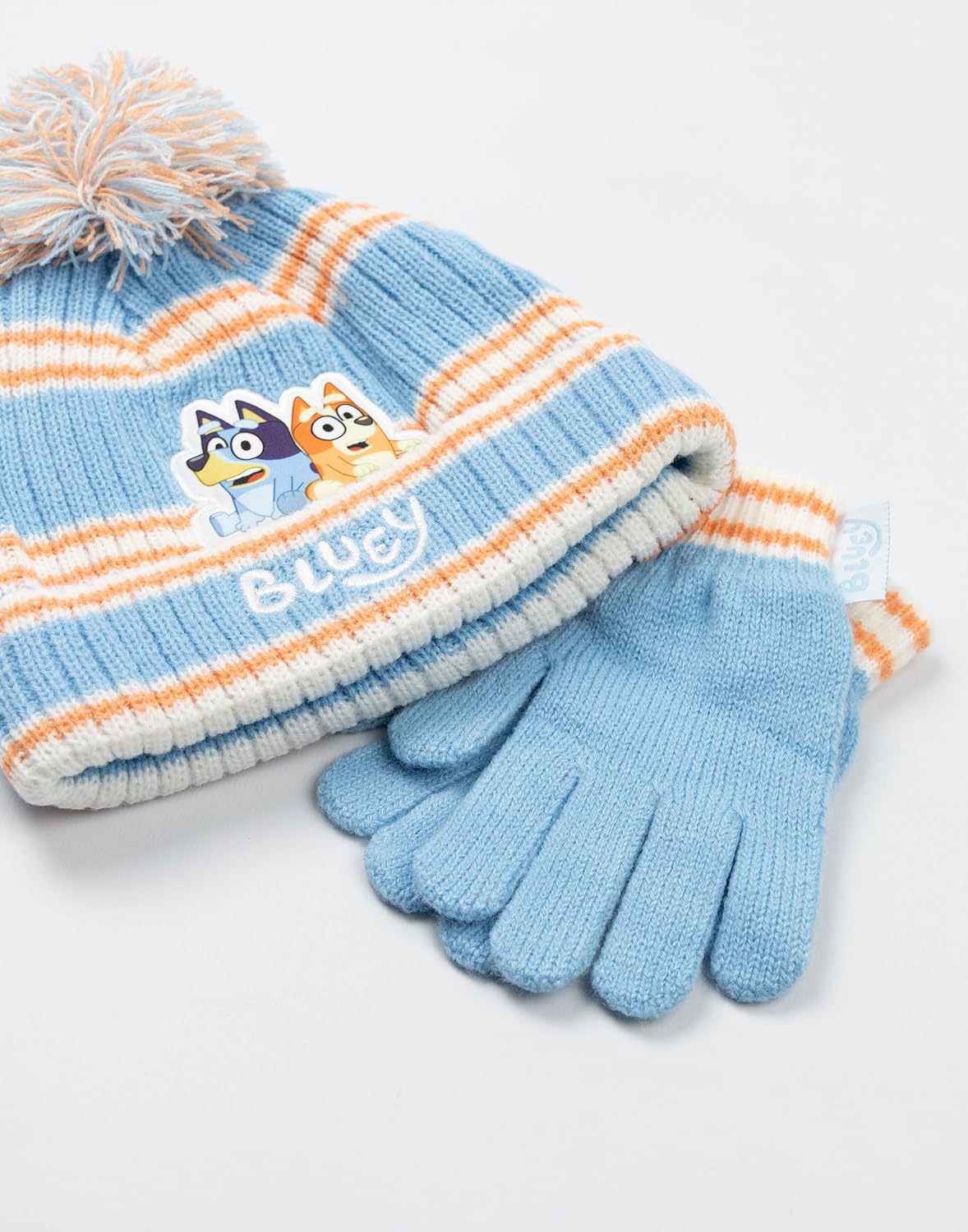 Bluey Blue Striped Beanie and Gloves Set | Unisex Winter Accessories and Bingo | Warm Hat and Mittens Set