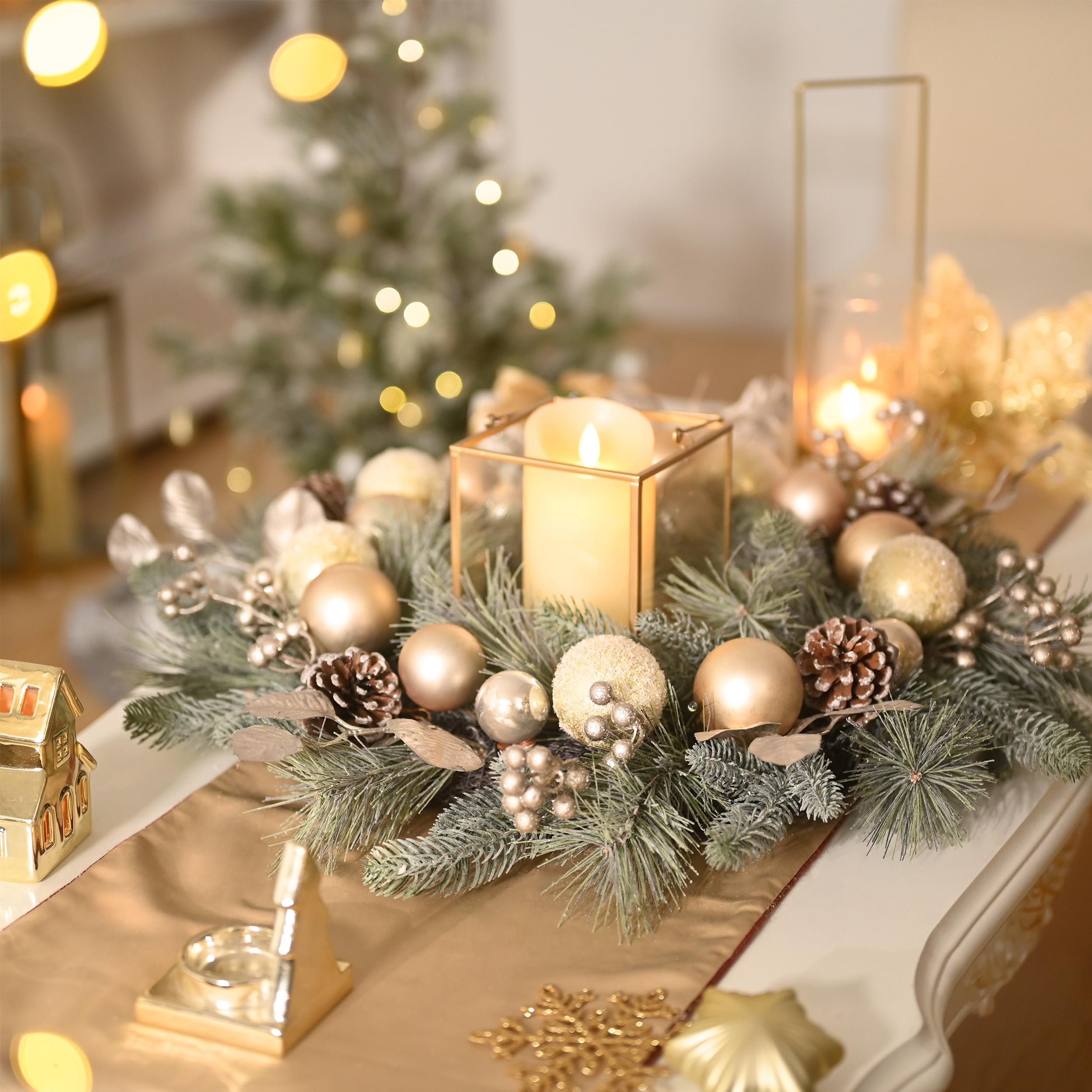Valery Madelyn Couronne de Noël pré-éclairée de 50,8 cm pour Porte d'entrée avec lumières, Grande Couronne de Noël éclairée avec Boules de Noël dorées Champagne pour cheminée, fenêtre, Table