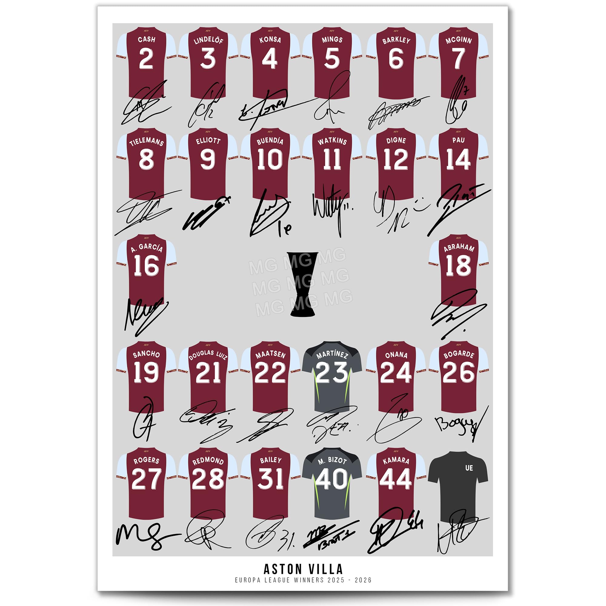 Aston Villa Europa League Winners 2025-2026 Team Squad Signed Poster Print Framed Picture Photo Autograph Gift 25/26 Ollie Watkins Morgan Rogers Mcginn (Winners, A3 Print (Unframed))