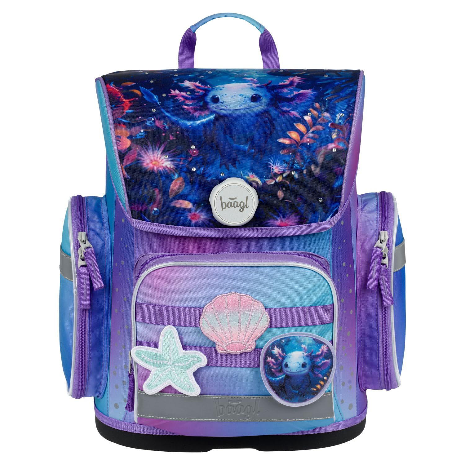 Baagl Schulranzen Jungen Mädchen Set 3 Teilig, Ergo Schultasche für 1. Klasse, Ergonomische Grundschule Ranzen Tornister mit Brustgurt (Axolotl)