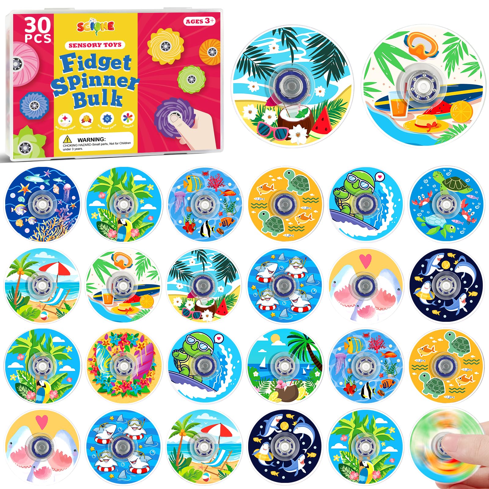 SCIONE 30 Pack Mini Fidget Spinners Ocean Party Bag Fillers Toys for Kids