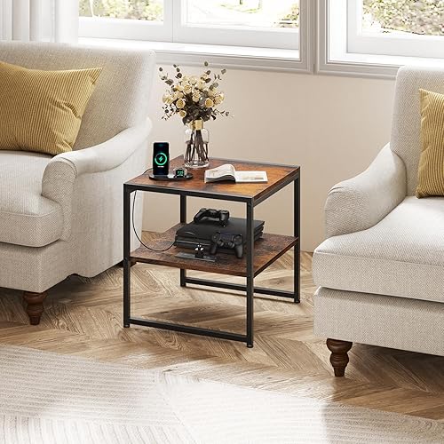 Miniatura 5 de Tatub Mesa auxiliar de 20 pulgadas con estación de carga, mesa auxiliar cuadrada industrial con puertos USB y tomas, mesita de noche pequeña