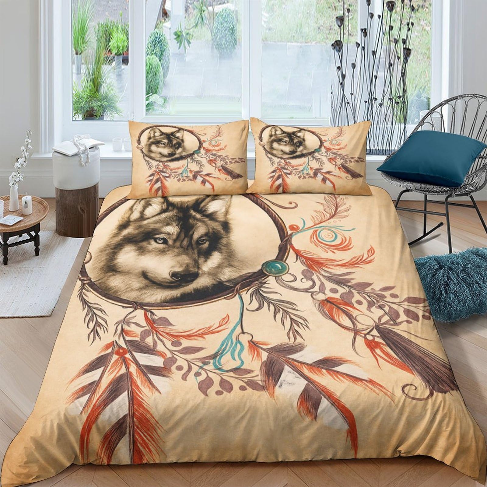 Ctjqhvkz Style-5 3D Printed Wolf Dreamcatcher Fitted Sheet Microfiber Soft Beige Artistic Bed Sheet For Bedroom Guest Room Decor Single（135X200cm）
