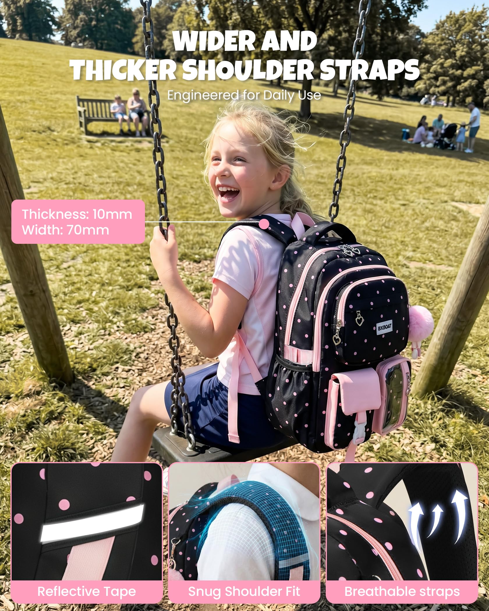 Amythe Mochila Escolar Niña 6-12 Años, 3 PIEZAS con Fiambrera y Estuche, Mochila Grande Impermeable y Antirrobo para Adolescentes con Tiras Reflectantes, Rosa