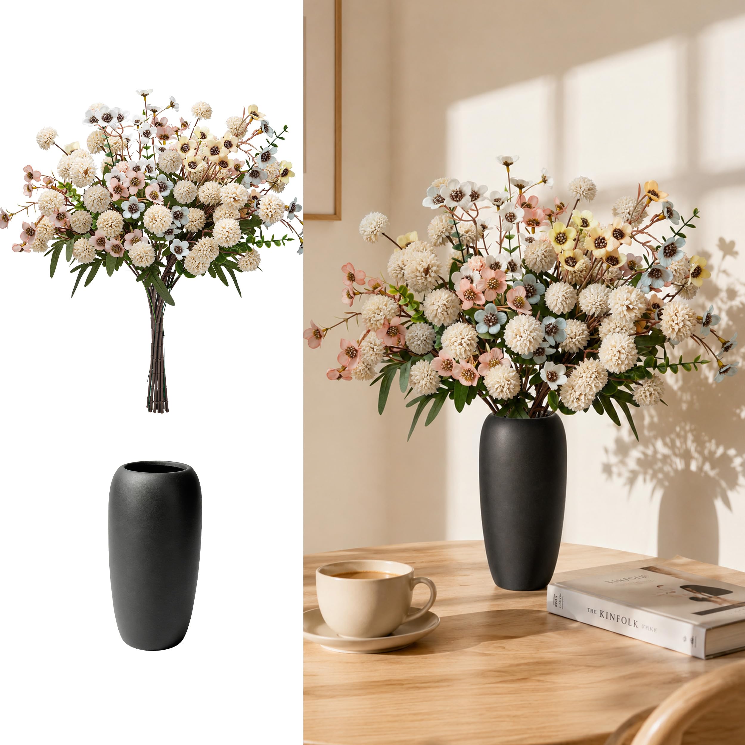 Der Rose 20Pcs Fake Flowers in Vase Champagne Mums for Spring Decor