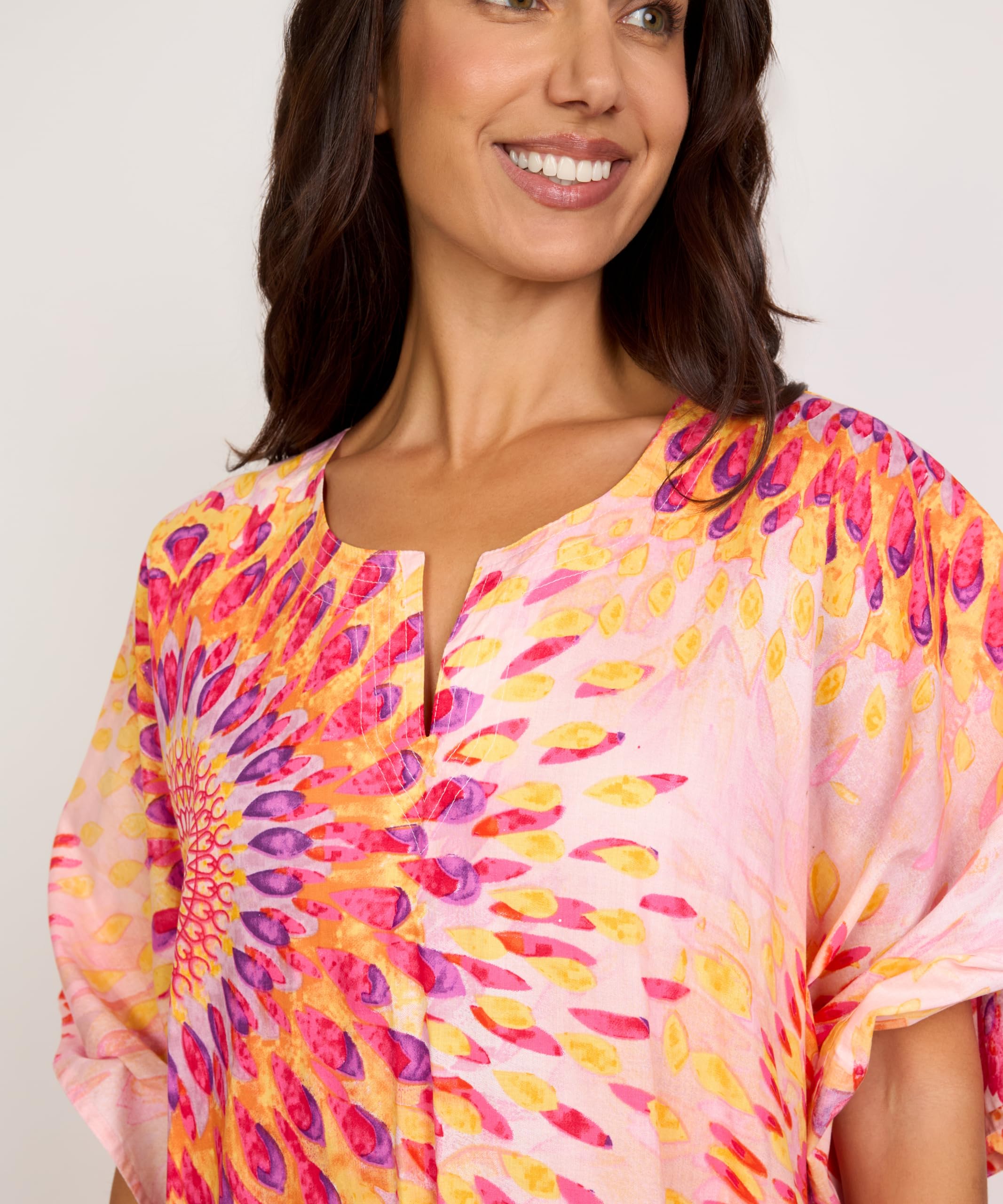 Algodón Vestido Kaftan de Playa con Estampado Solar, Manga Corta, Diseño Multicolor en Turquesa, Estilo Casual