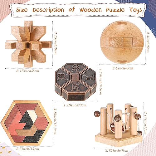 Miniatura 2 de Hungdao Rompecabezas de 5 piezas de rompecabezas de metal y madera para niños y adultos, juego mental, prueba de lógica, rompecabezas de mano,