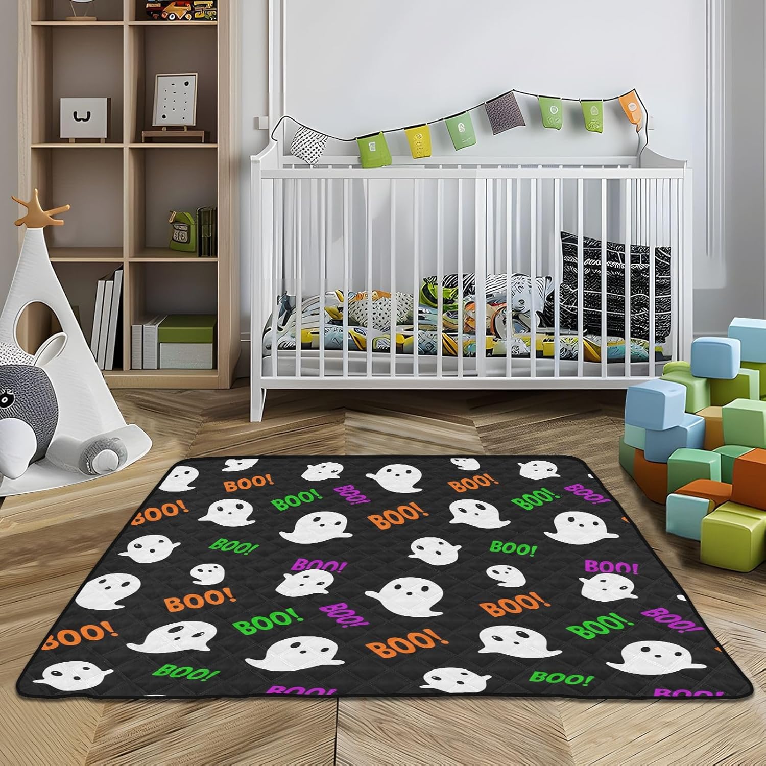 Doodle Cute Ghost Baby Play Mat, 50“ X 50” Washable Folding Crawling Mat, Baby Floor Mat, Soft, Non-Slip