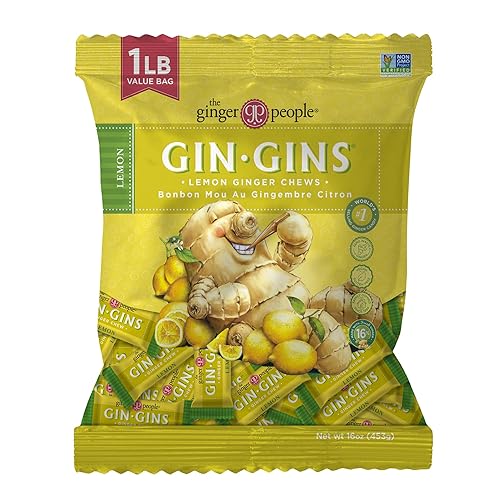 GIN GINS - Caramelos masticables de jengibre y limón  Caramelo de jengibre fresco natural de The Ginger People  Caramelo saludable envuelto