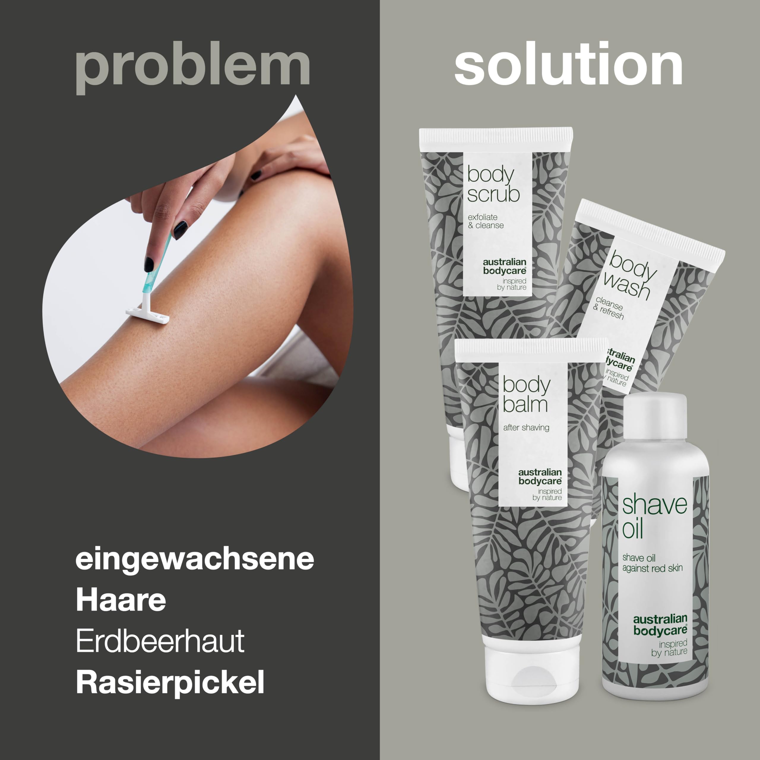 Rasur-Set für den ganzen Körper - Set mit Körperwaschgel, Peeling, Balsam und Rasieröl - Lösung für eine komfortable Rasur - Angereichert mit beruhigendem Teebaumöl - Perfekt für empfindliche Haut