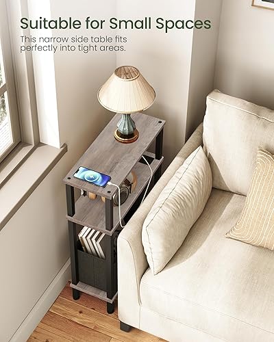 Miniatura 8 de Mesa auxiliar pequeña y estrecha con estación de carga, mesa auxiliar delgada con cesta de tela, mesita de noche delgada para espacios pequeños,