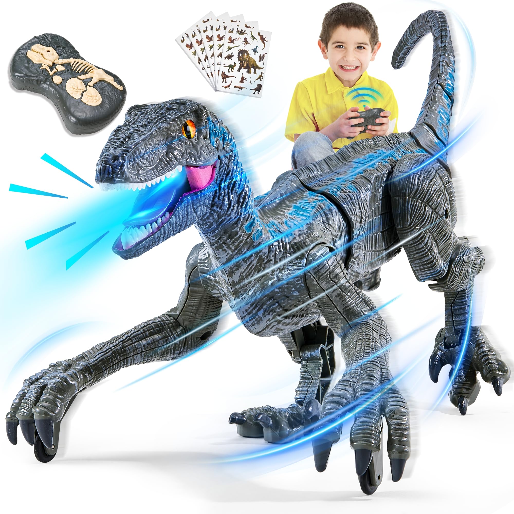 Dinosaur Toys for Kids 3-5-7 with Stickers, Remote Control Dinosaur Toys with 3D Eyes, Shaking Head, Roaring Sounds, Demo Function, Realistic Jurassic Toy for 3 4 5 6 7 8 Year Old Boys Gifts (Blue)