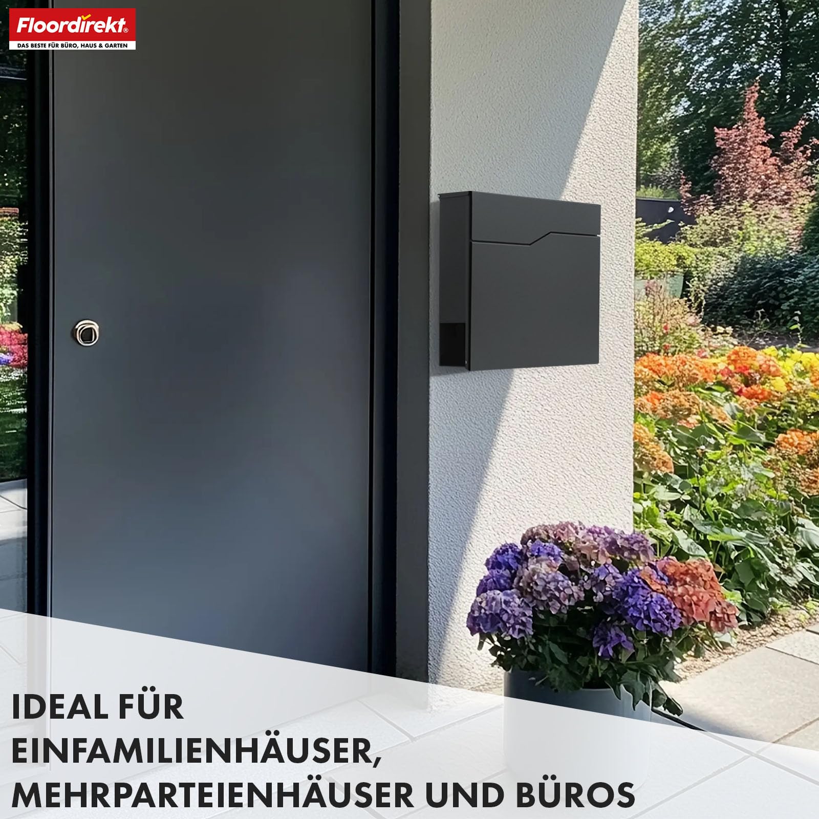 Floordirekt Moderner Briefkasten, mit Zeitungshalter, Deckel, abschließbar mit Zeitungsfach und großer Einwurfklappe, Jean Anthrazit